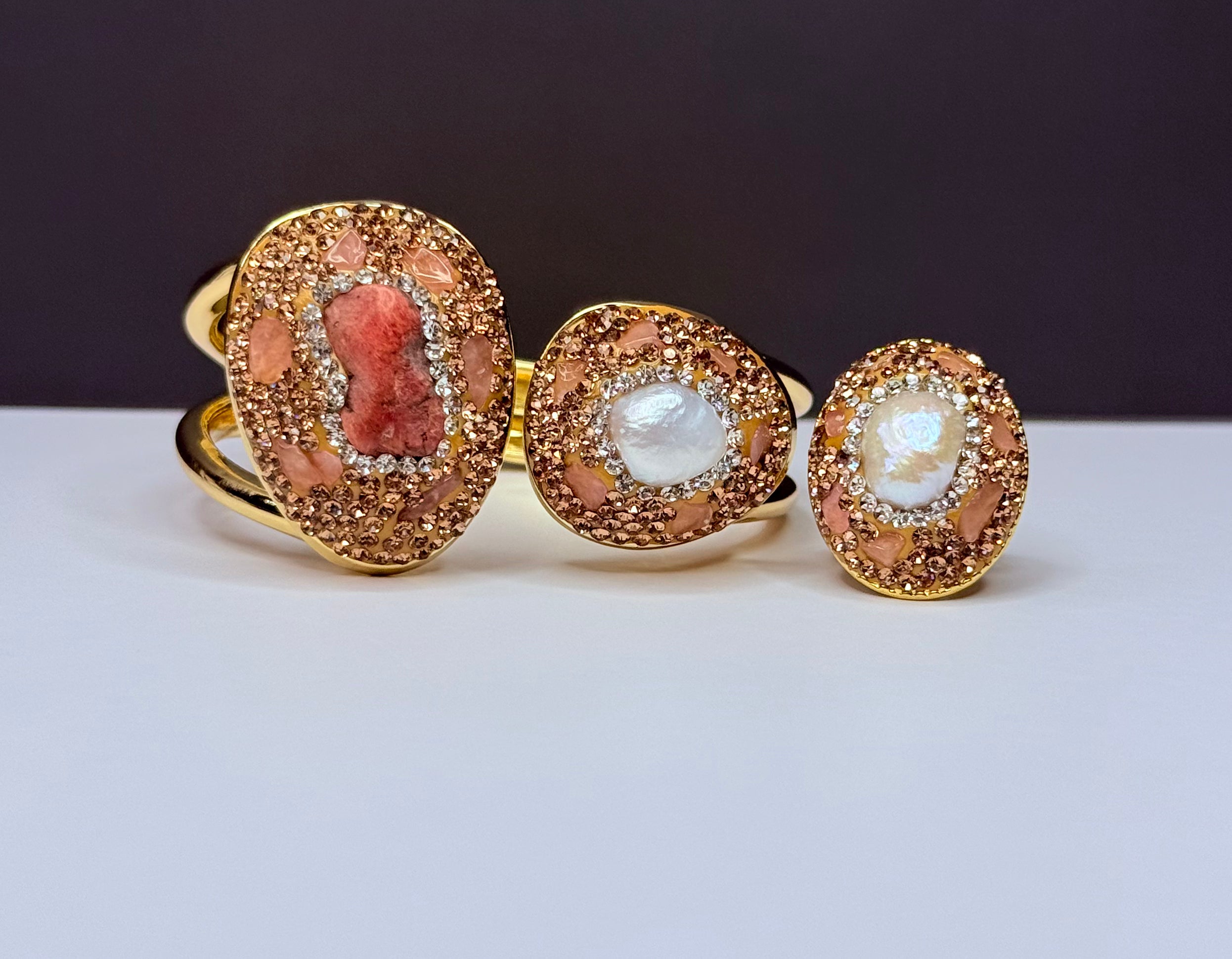 Genuine natural stone rhodochrosite and mother-of-pearl bracelet and ring set