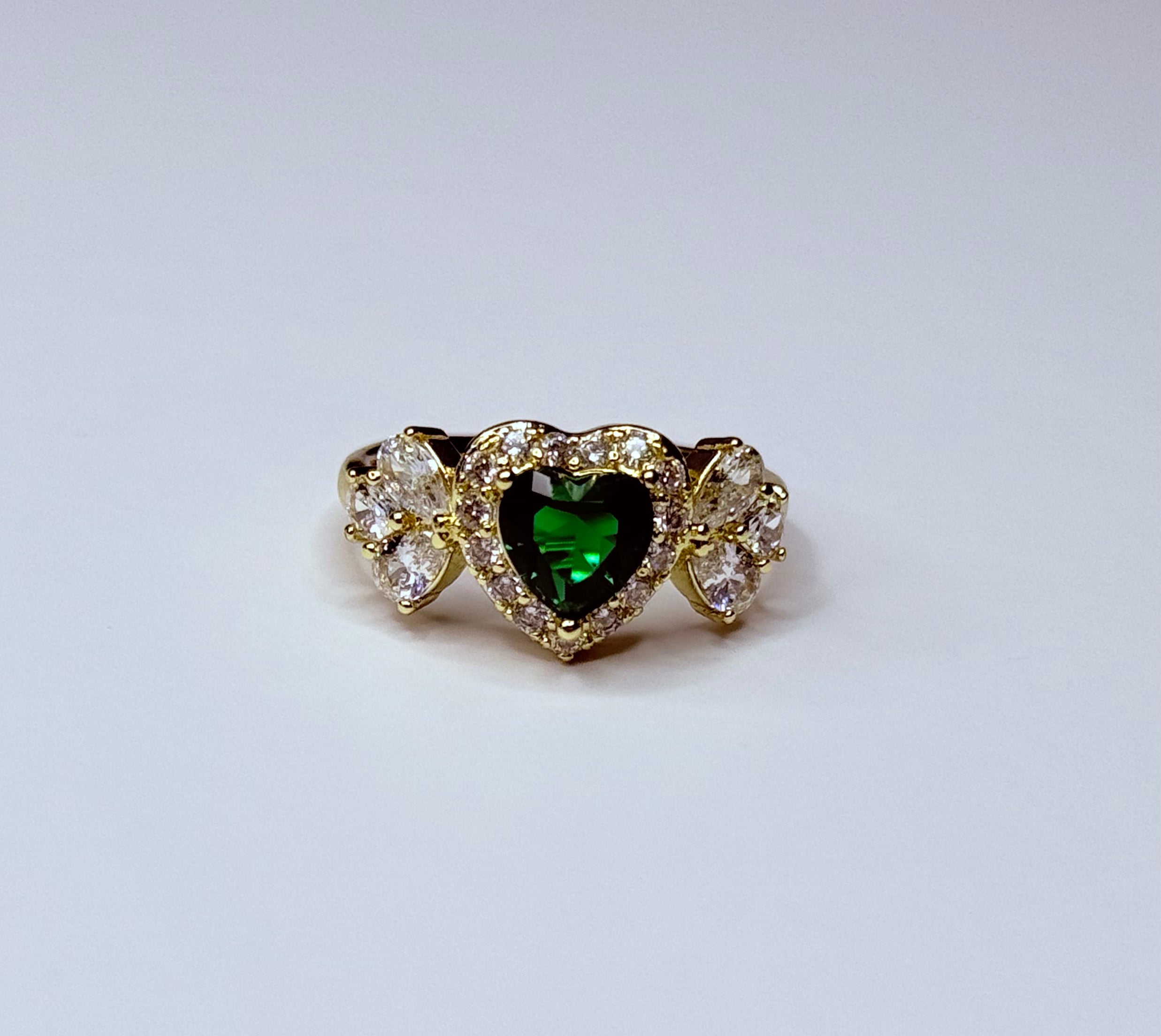 Green heart ring with cubic zirconia.