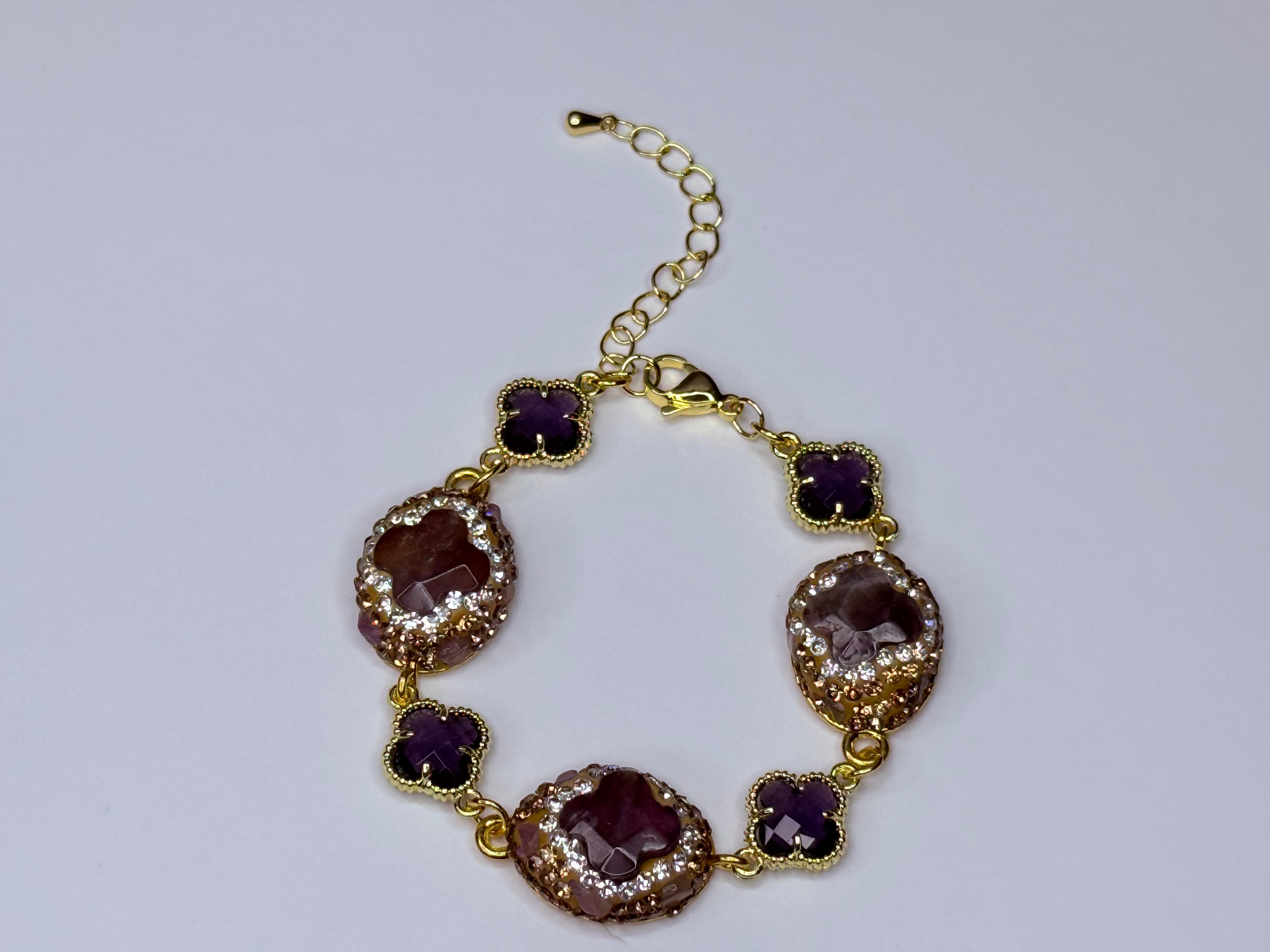 Special floral bracelet with solid crystals and genuine natural stones amethyst.