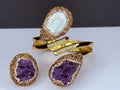 Genuine natural stone amethyst druzy and mother-of-pearl bracelet and ring set