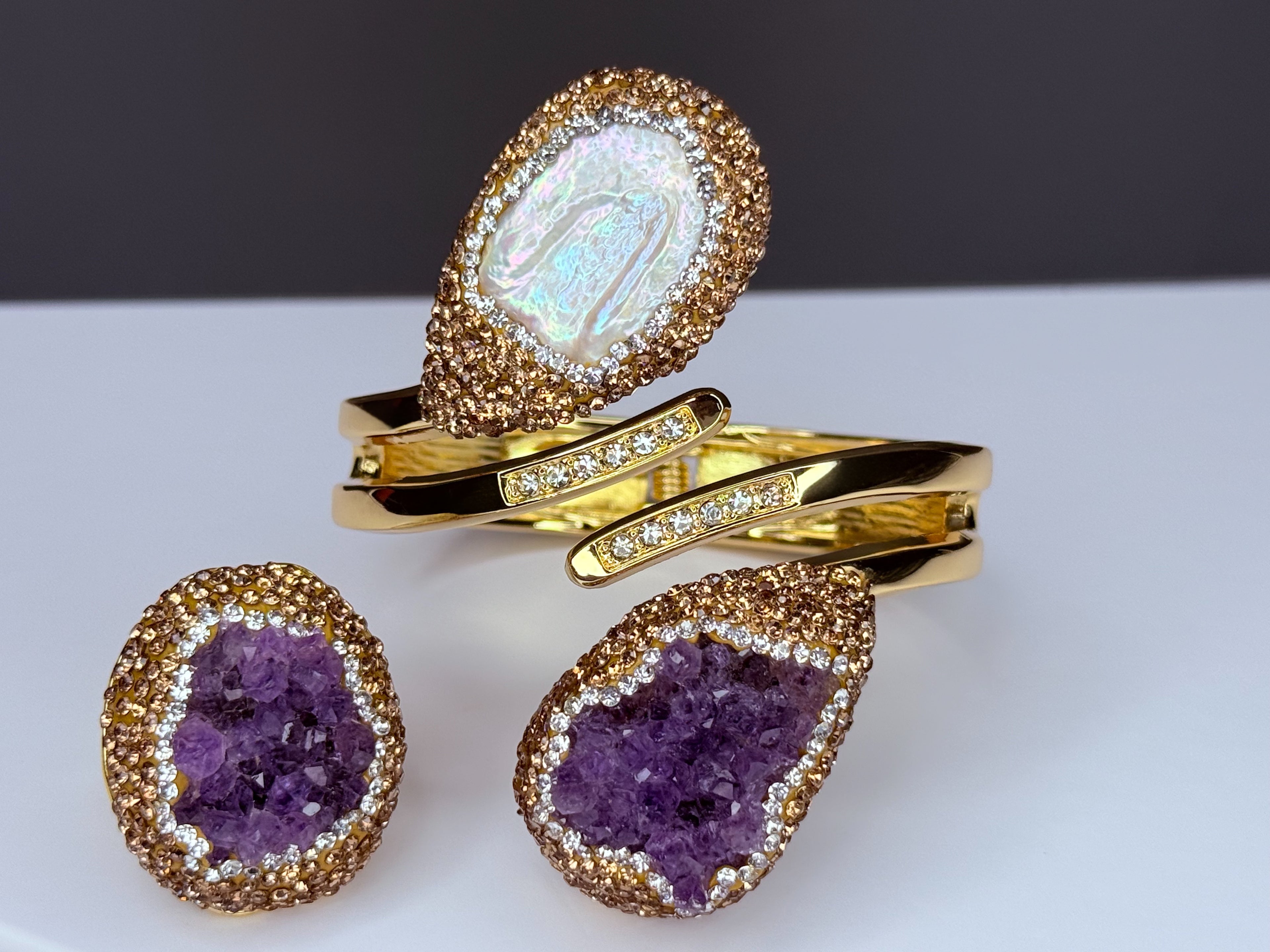 Genuine natural stone amethyst druzy and mother-of-pearl bracelet and ring set