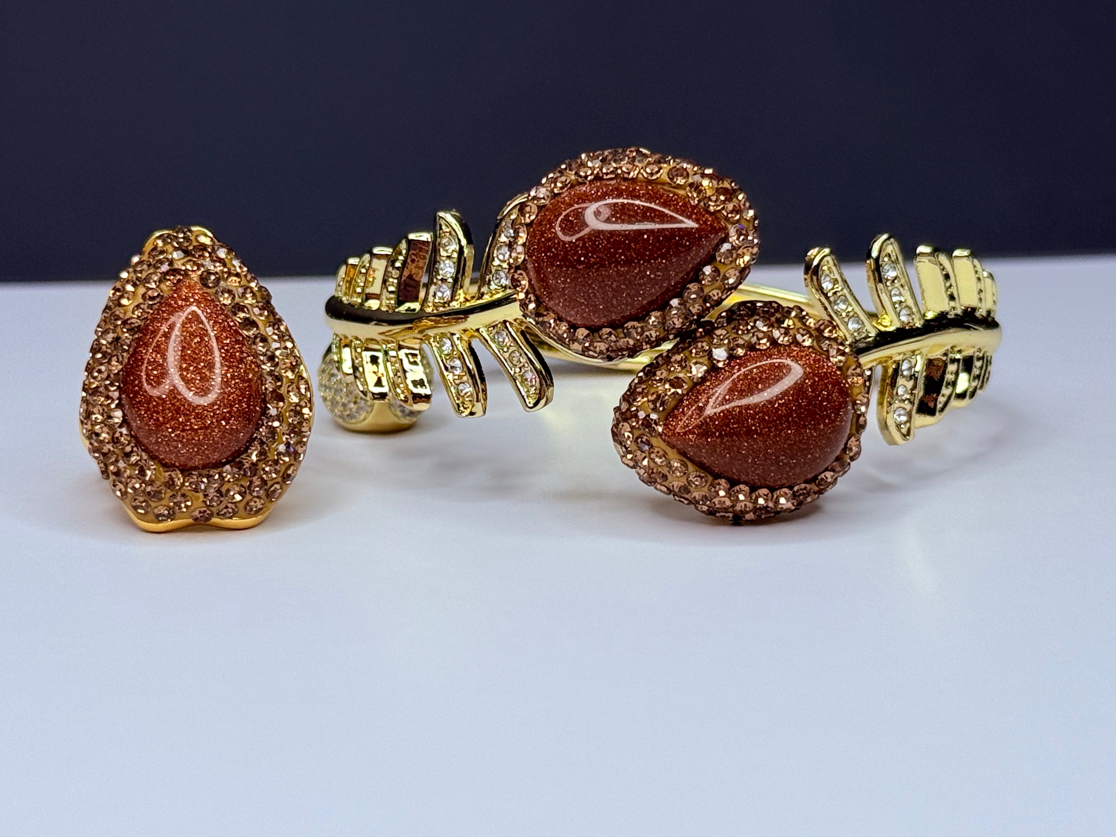 Genuine natural stone aventurine bracelet and ring set