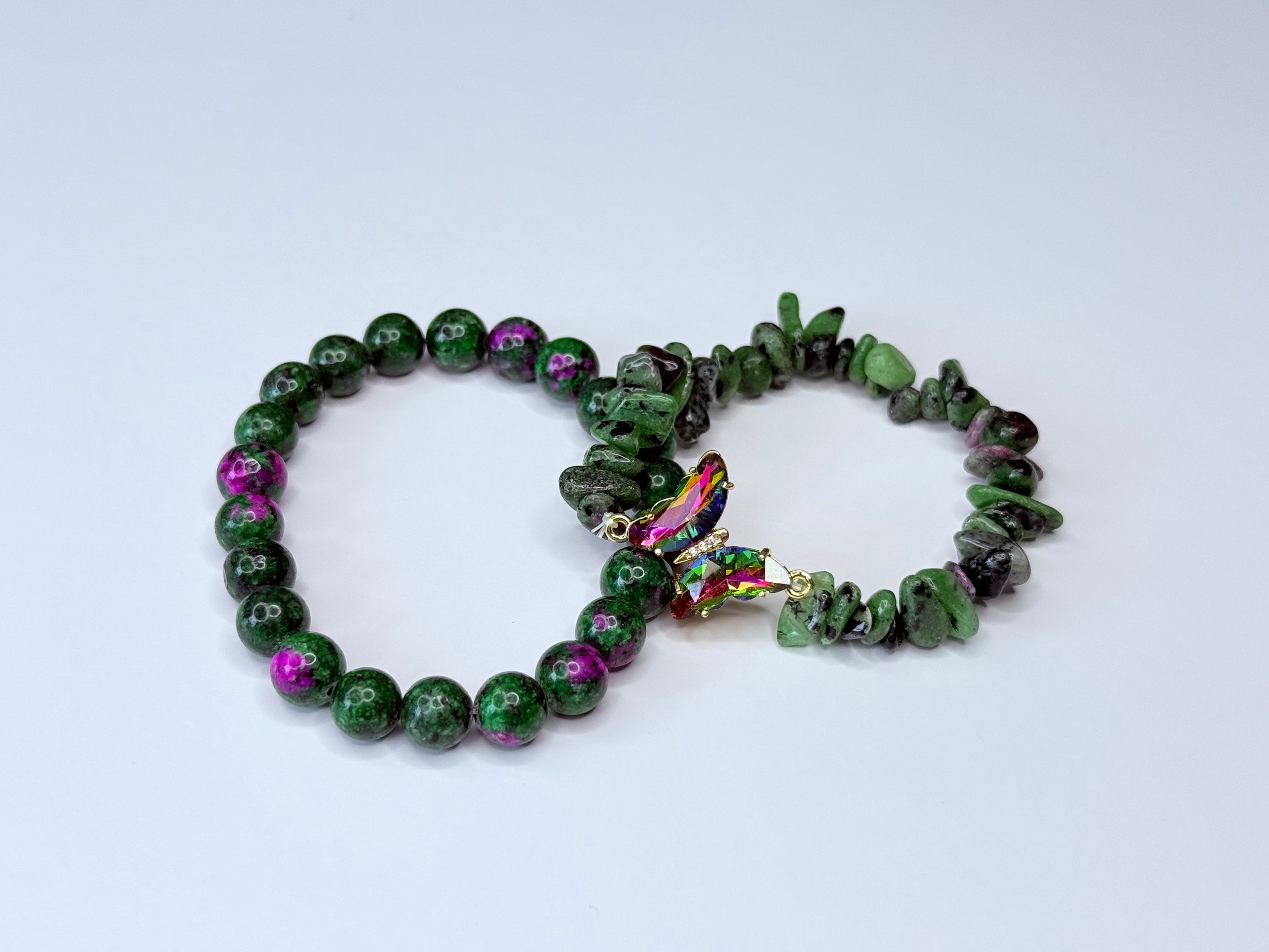 Ruby-in-zoisite natural stone bracelet set.