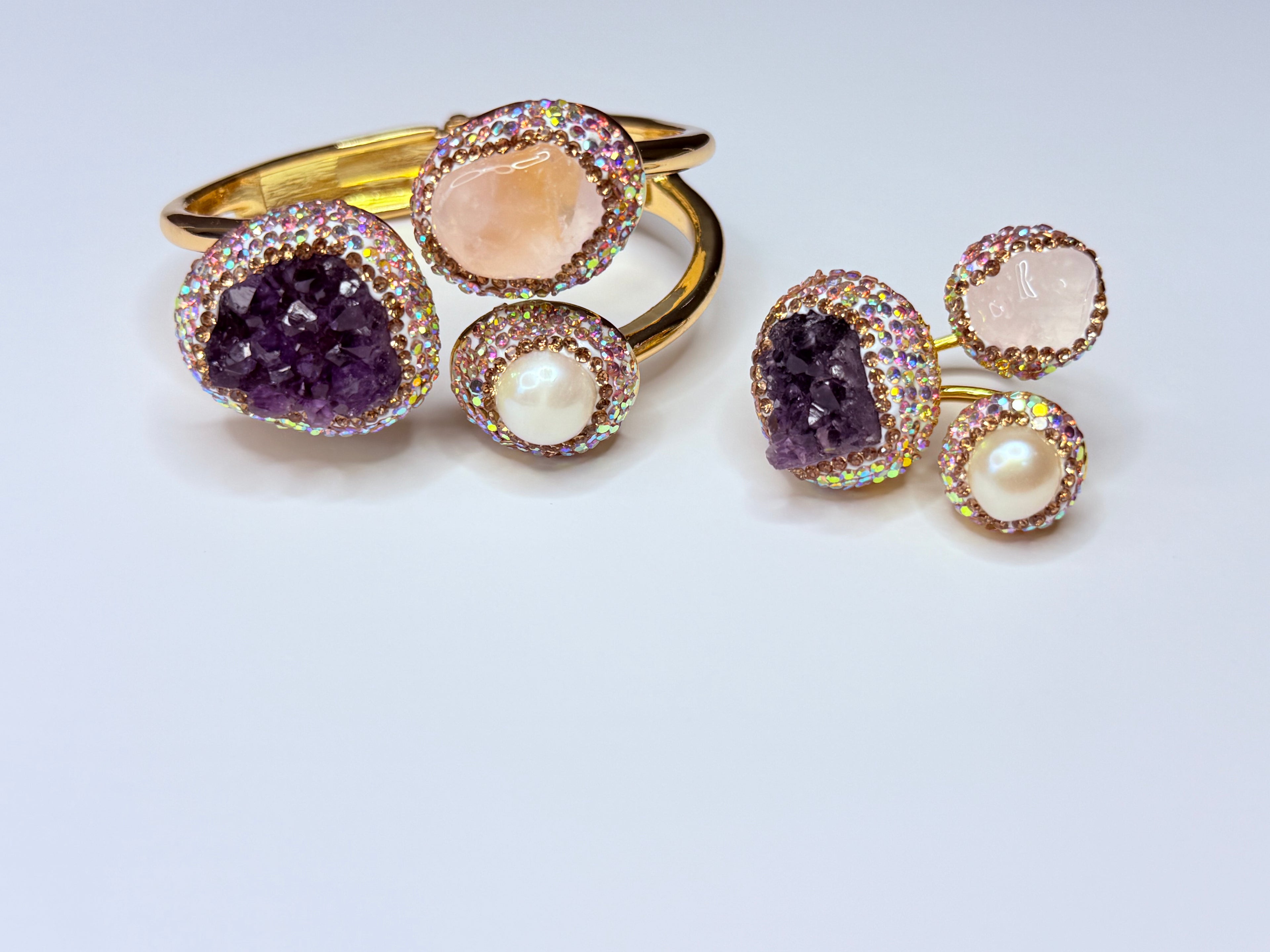 Multi-stone druzy bracelet and ring set.